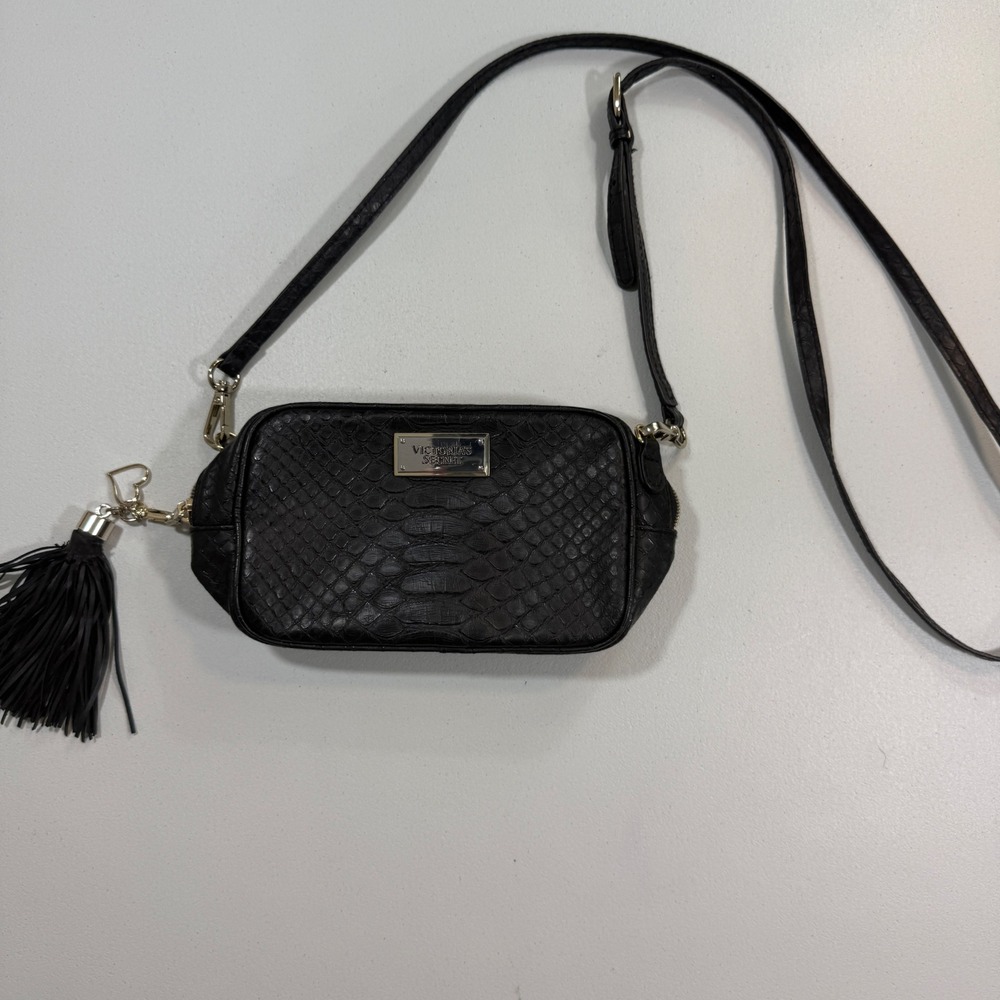 Victorias Secret Womens Crossbody Bag Small Black Snakeskin Tassel Y2K Glam